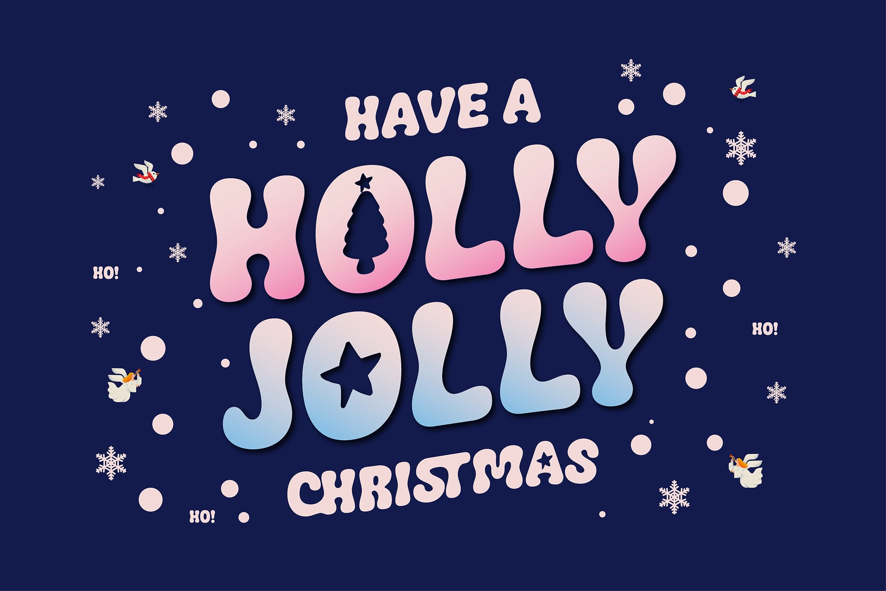 Playful holiday typography with "Have a Holly Jolly Christmas" in bubbly gradient letters on navy background with snowflakes