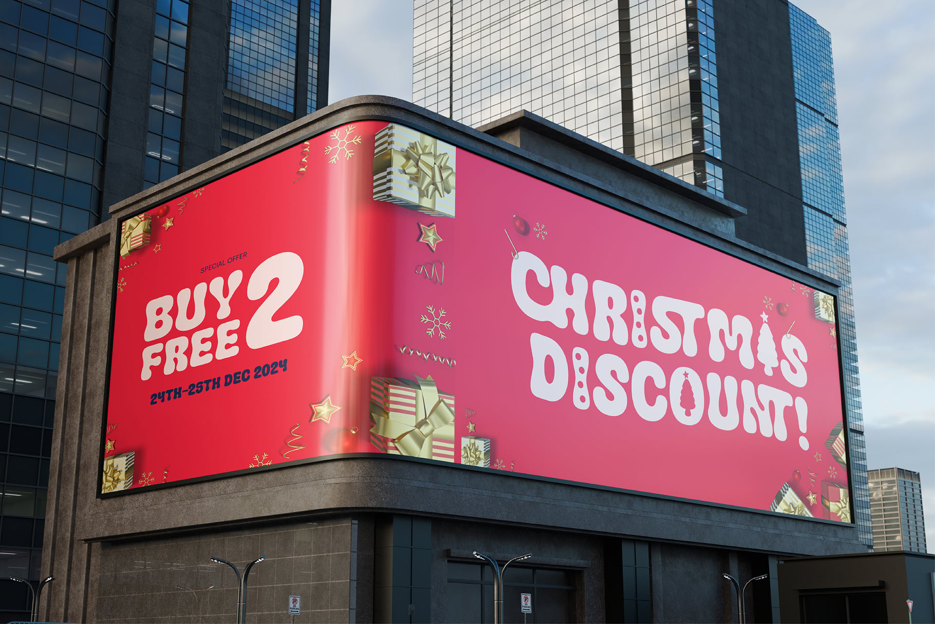 Curved billboard mockup with bright pink surface showing holiday sale ad with gift graphics, gold stars, snowflakes against urban skyline