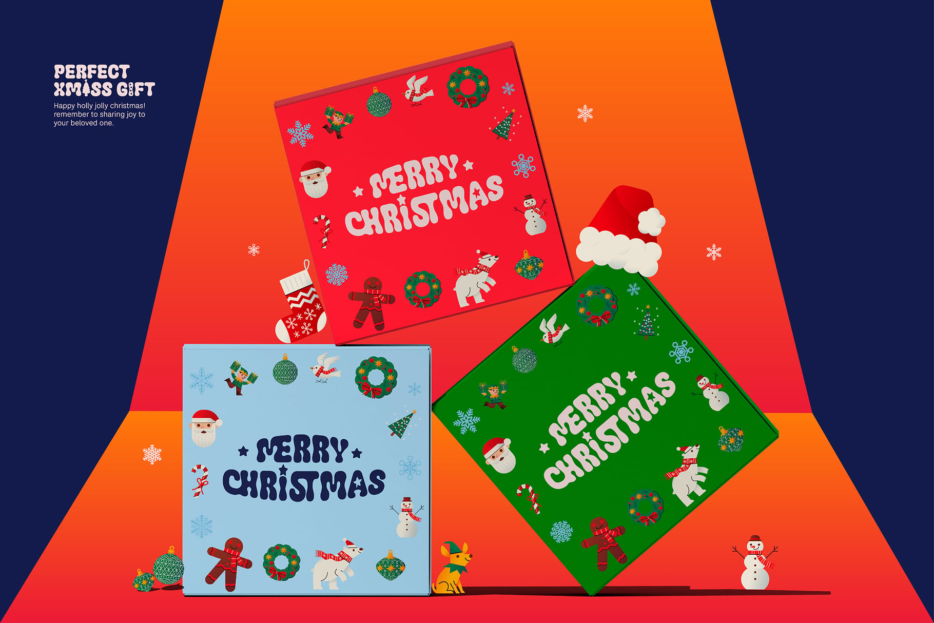 Bright holiday gift box mockup with three card designs in red, blue, green featuring festive icons