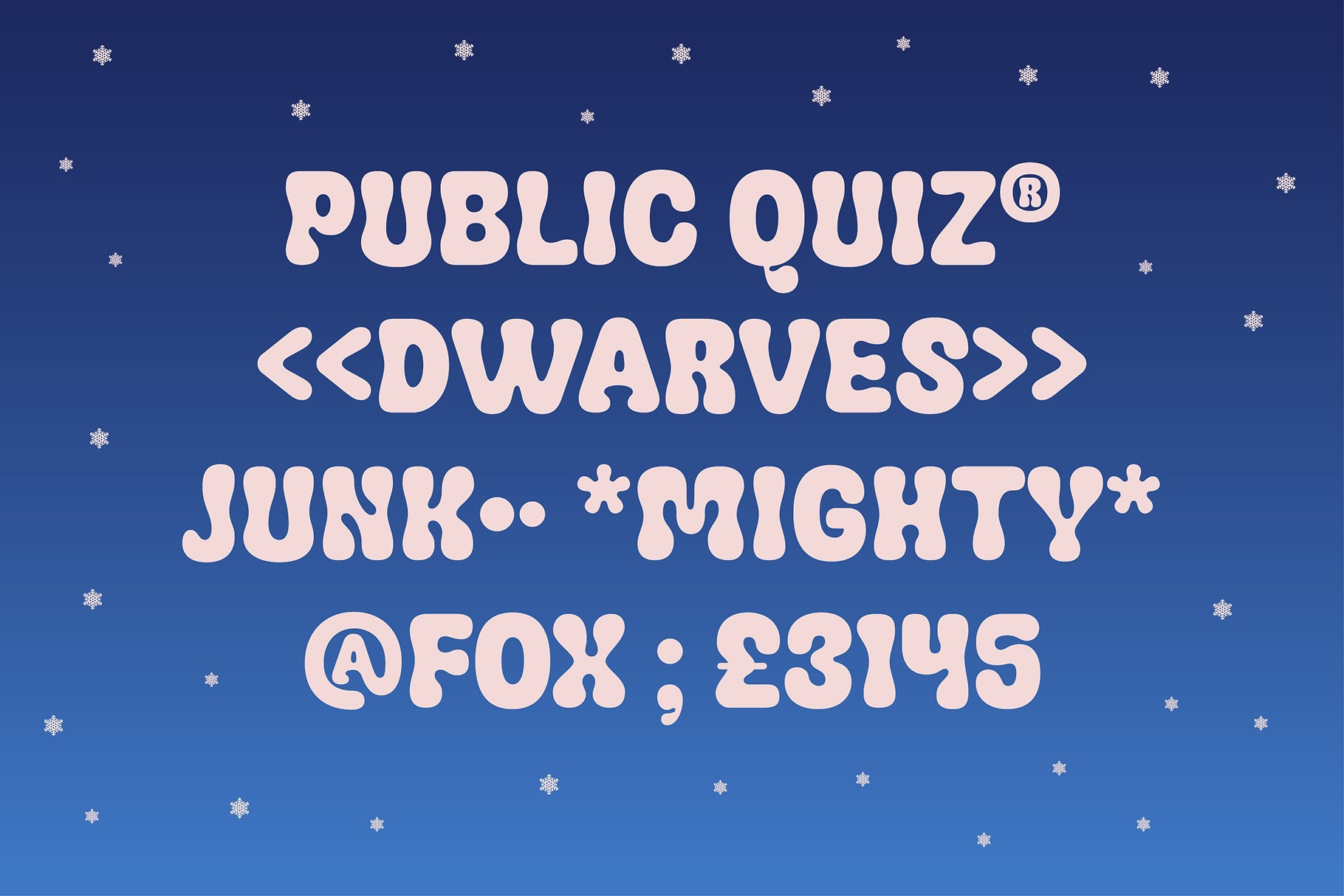Retro display font specimen with chunky cream letters on deep blue background with falling snowflakes