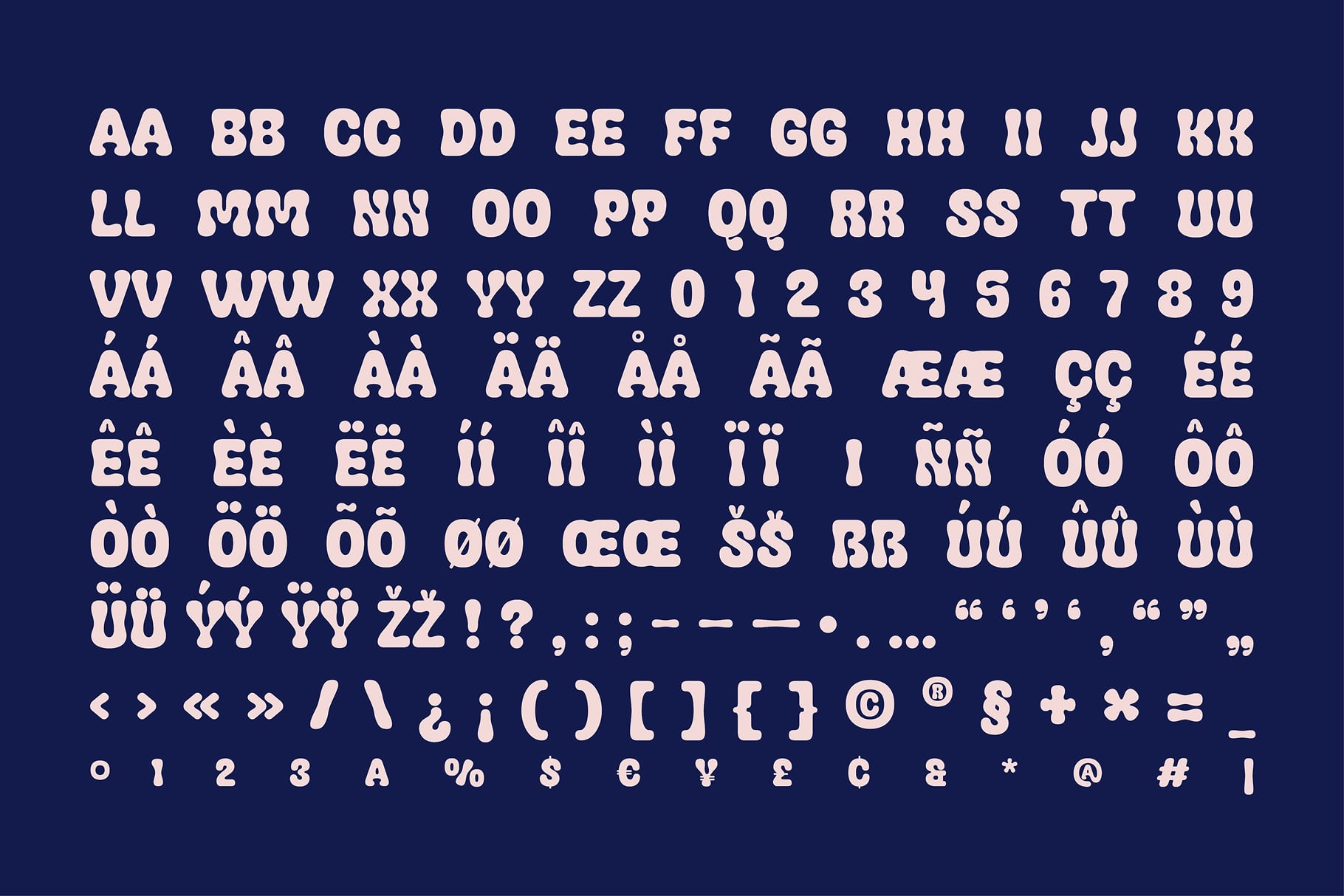 Chunky rounded sans serif font with full character set on deep blue background