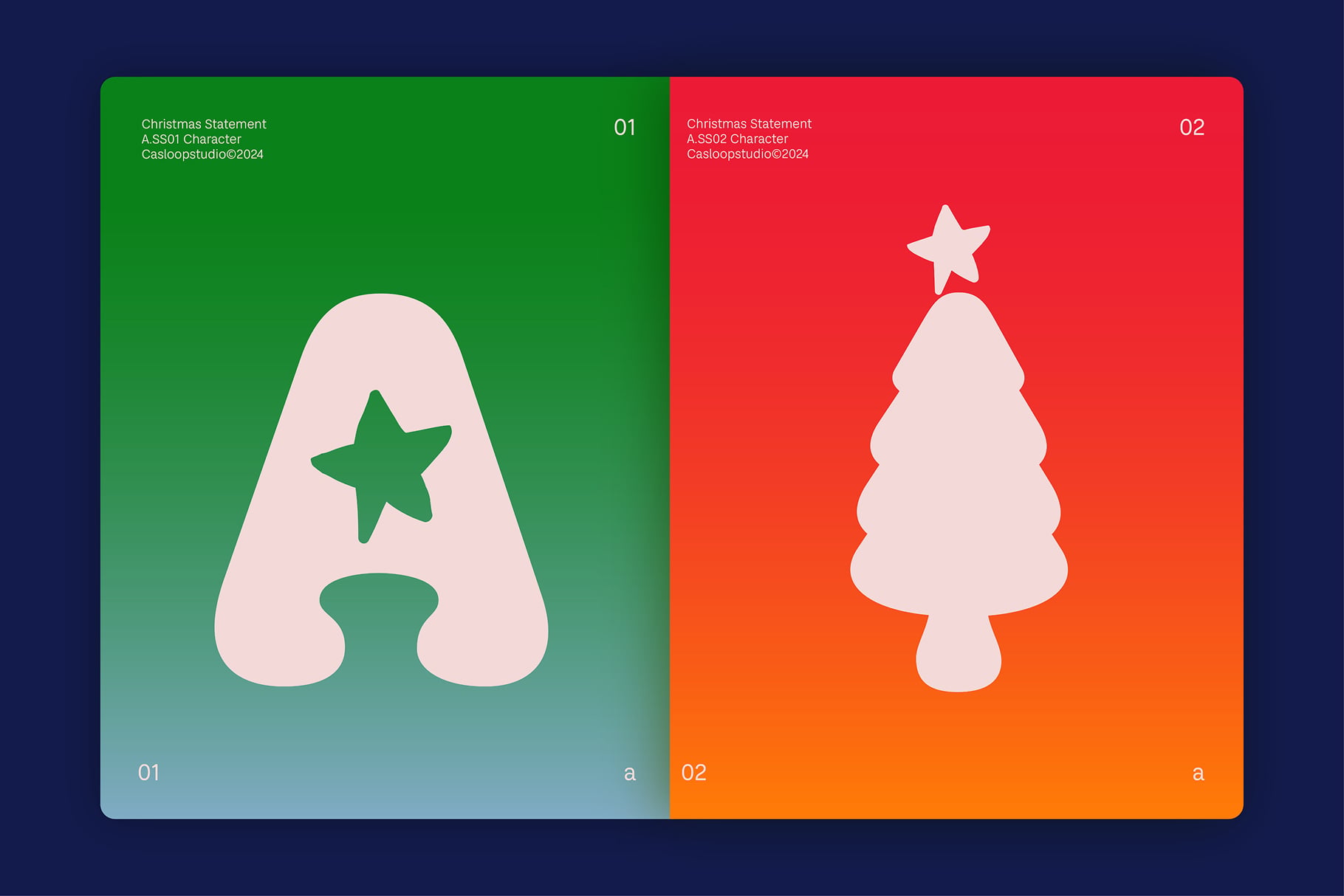 Two Christmas statement characters with gradient backgrounds, one showing pink letter A with green star on green to teal, other showing pink tree with white star on red to orange