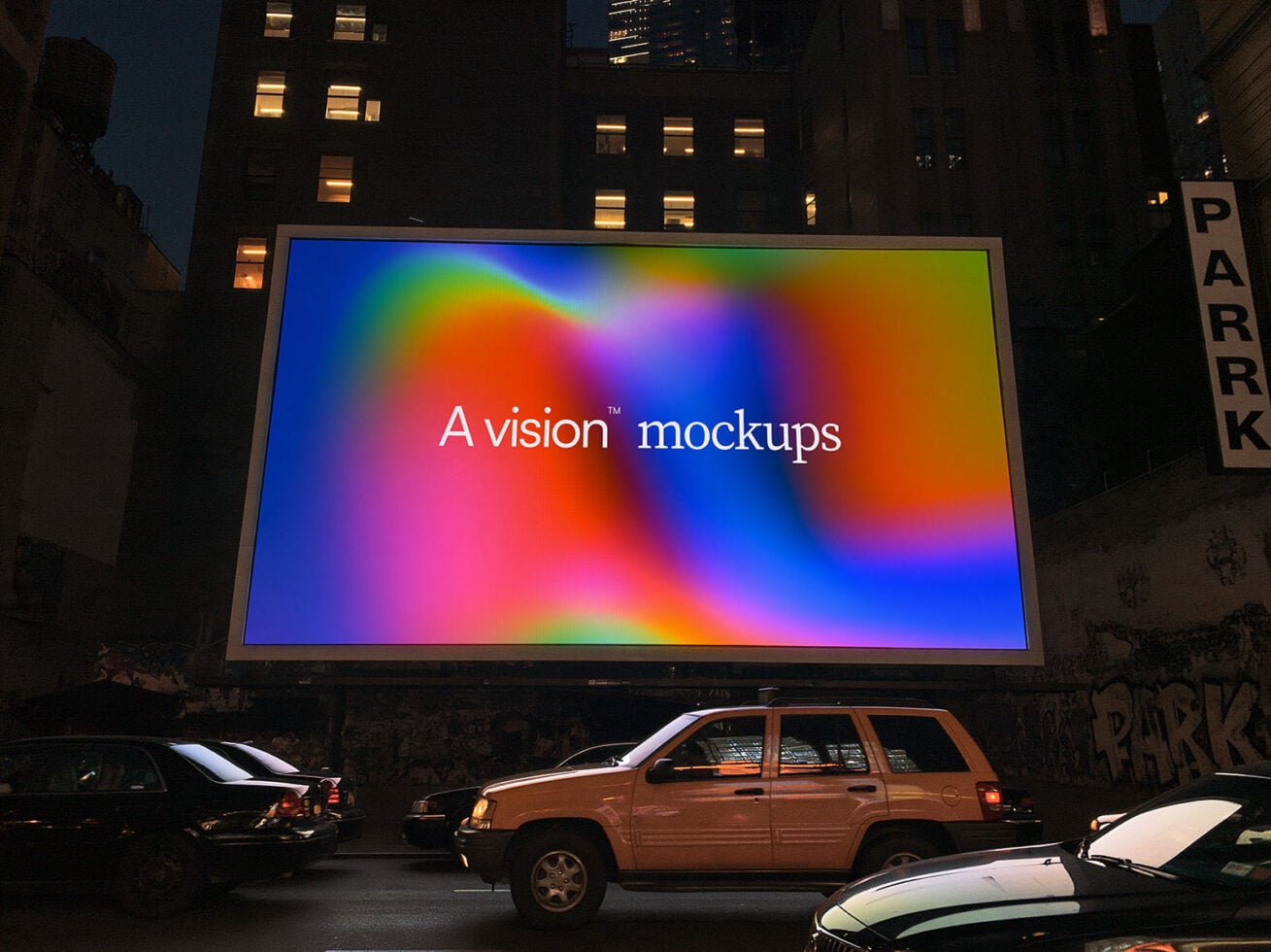 Vibrant gradient billboard mockup at night with colorful rainbow display in urban street setting