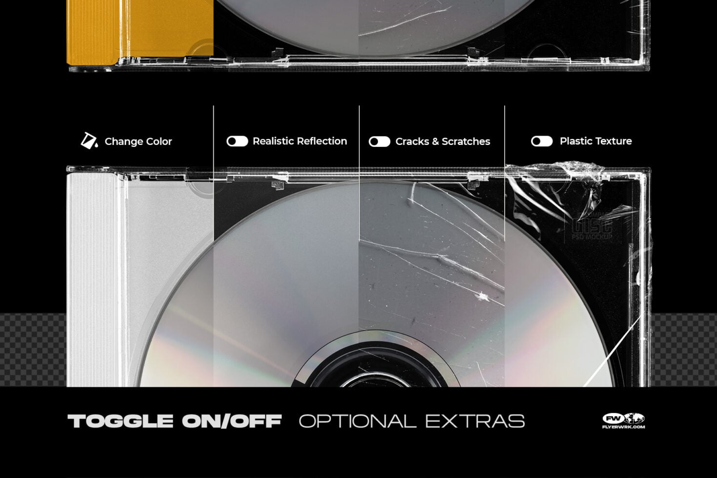 CD case mockup with toggleable color, reflections, damage, plus plastic texture options