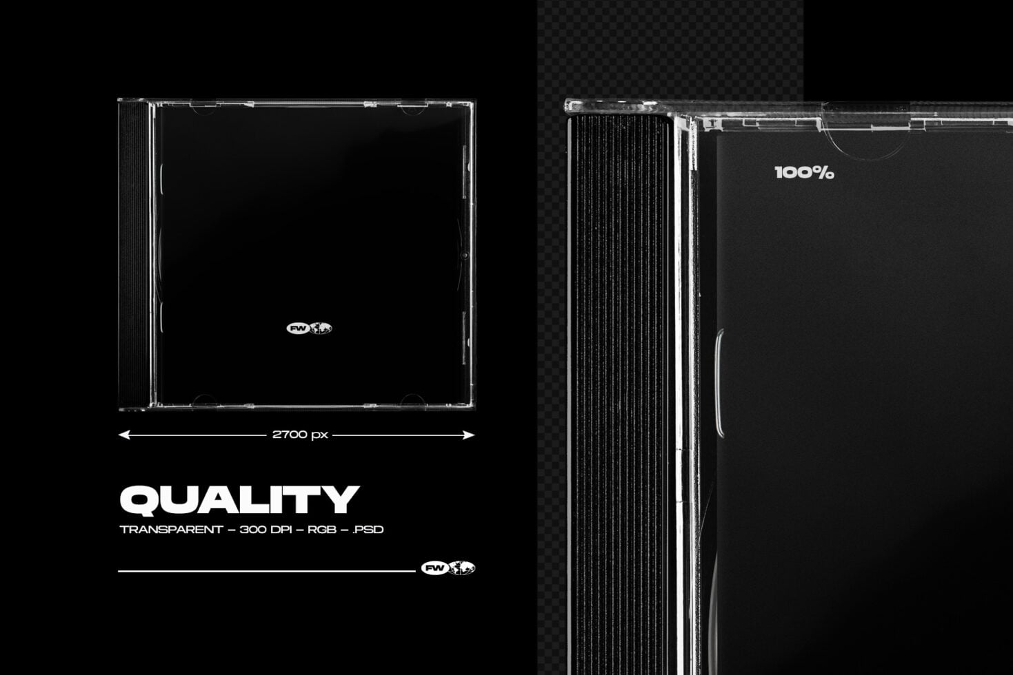 CD case mockup with jewel case front, back, spine showing 100% text on dark background