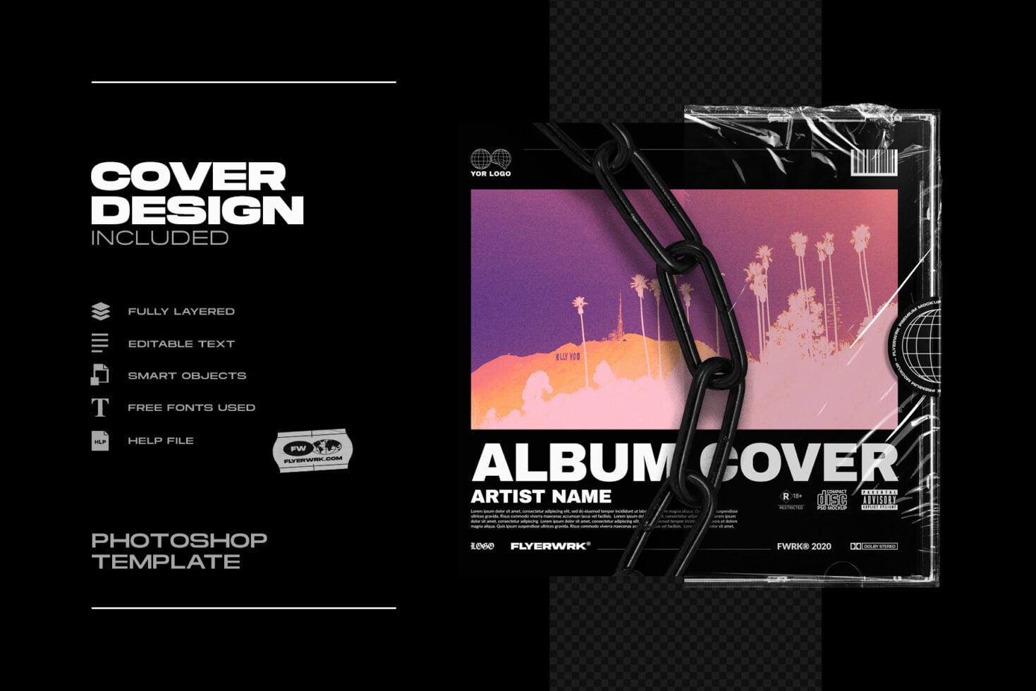 Vaporwave album cover mockup with editable text, layered PSD, includes palm trees