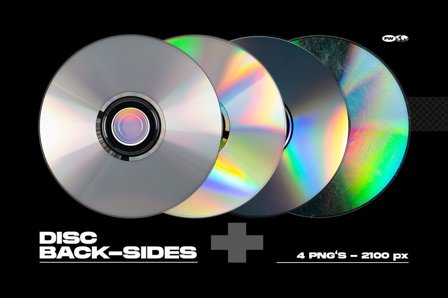 Four CD disc mockups showing reflective back sides with rainbow holographic effects on black background