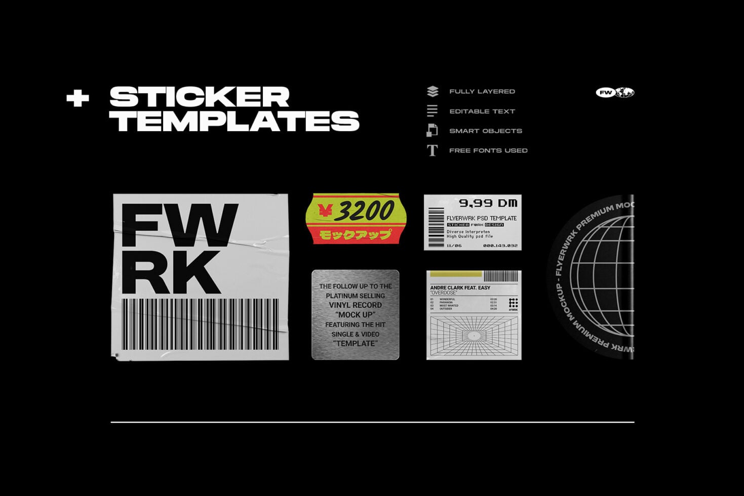 Collection of sticker mockups showing retro labels, vinyl record stickers, barcodes on black