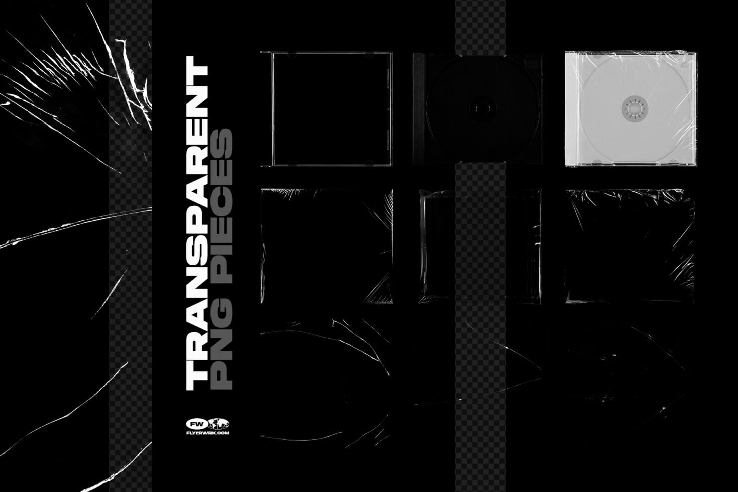 CD case mockup with transparent packaging, black backgrounds, edgy line art details throughout layout