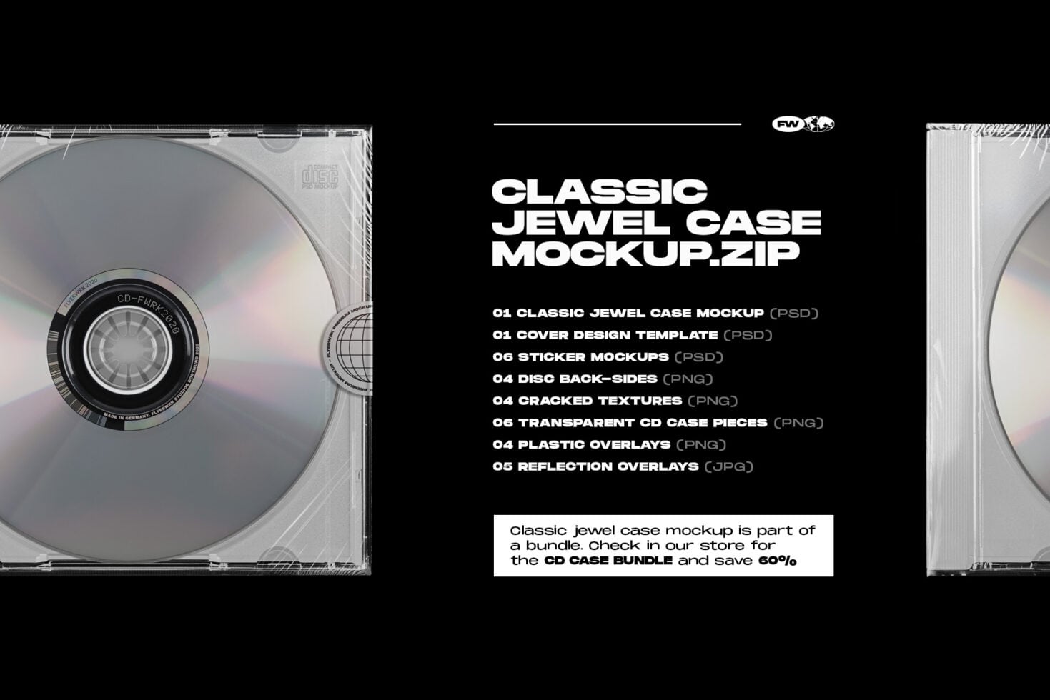 CD jewel case mockup with disc, cover template, sticker mockups, textures, overlays