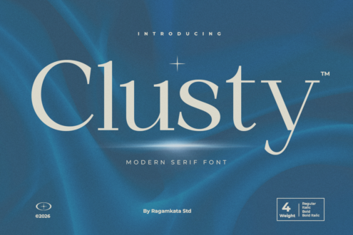Clusiv modern serif font display on deep blue gradient background with light effects