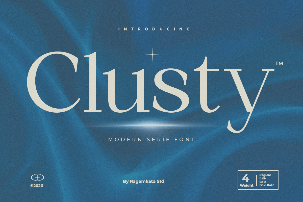 Clusiv modern serif font display on deep blue gradient background with light effects