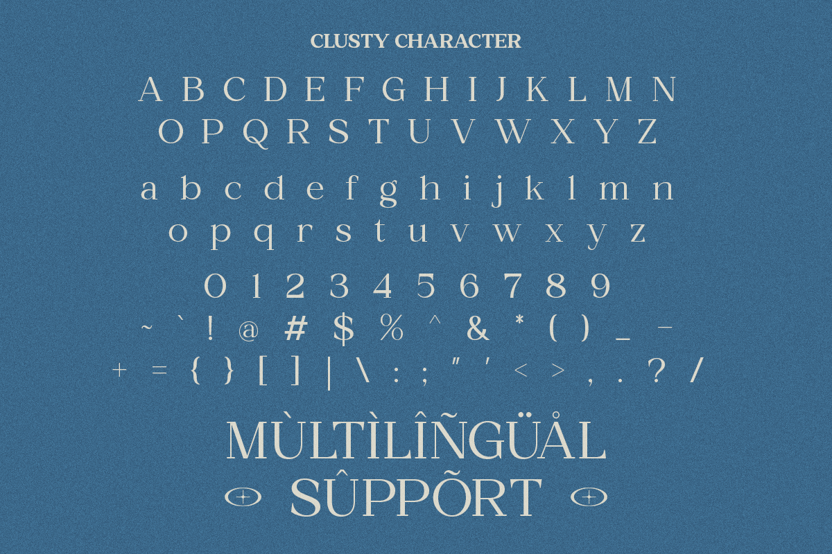 Clusty Character font with full uppercase, lowercase, numbers, symbols on slate blue background