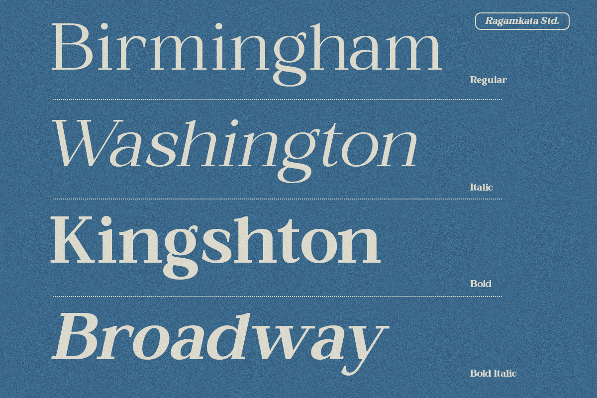 Ragamkata Std font family showing Birmingham, Washington, Kingshton, Broadway in regular, italic, bold, bold italic weights