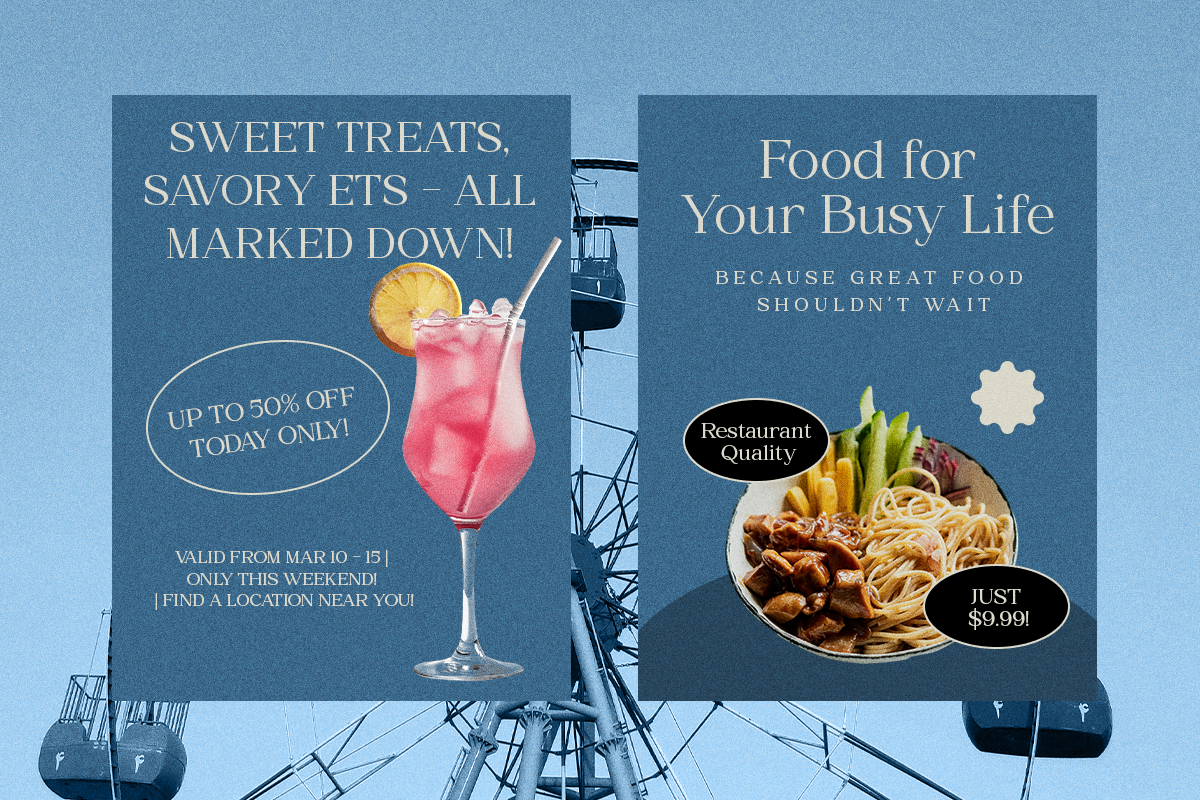 Duo of food promo mockups on blue backdrop with drink, noodle bowl, pricing offers