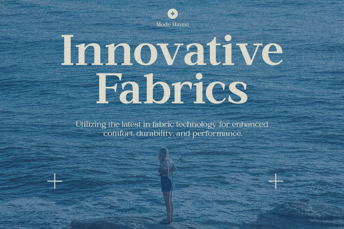 Mode Maven luxury fabric brand cover with ocean background, cream serif typography, figure in water