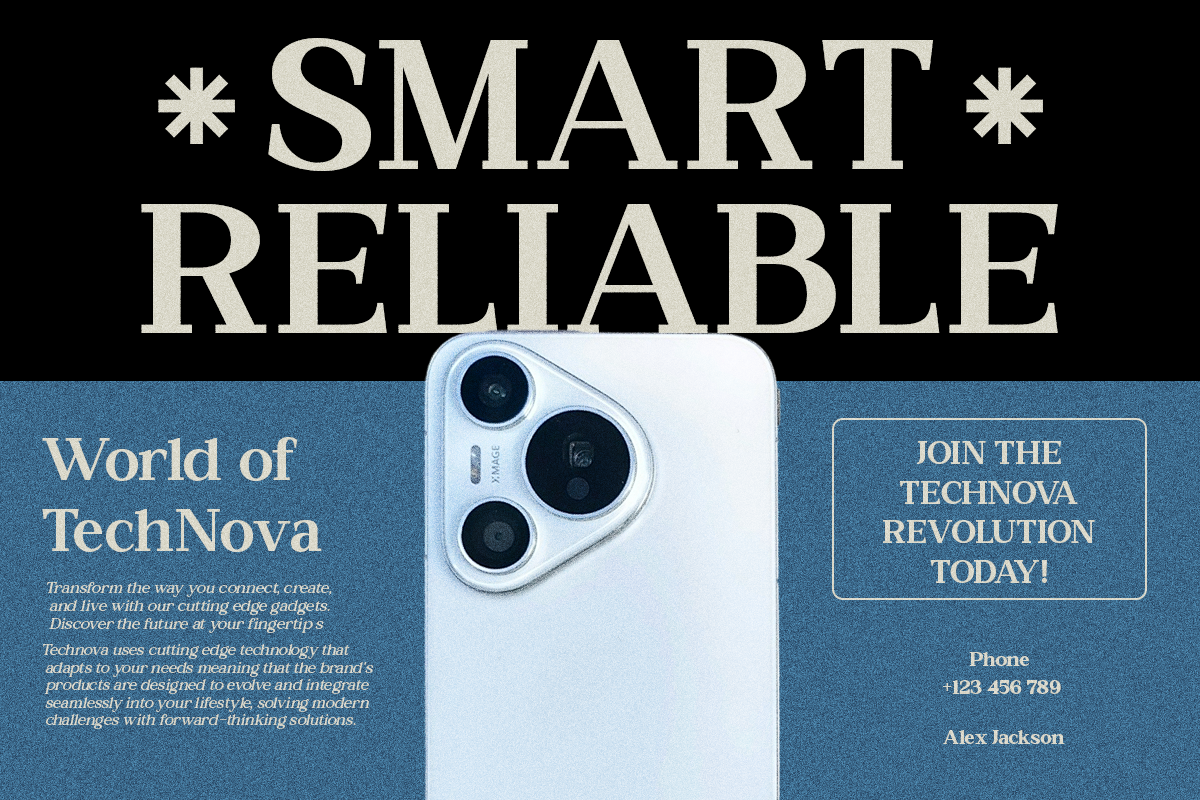White smartphone mockup centered on blue tech marketing layout with bold serif typography