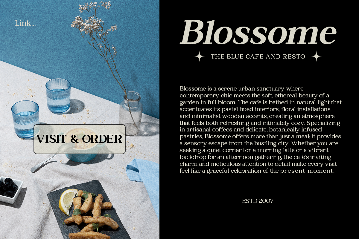 Minimalist cafe website layout with blue aesthetic, fried food platter, glasses of water, dried flowers