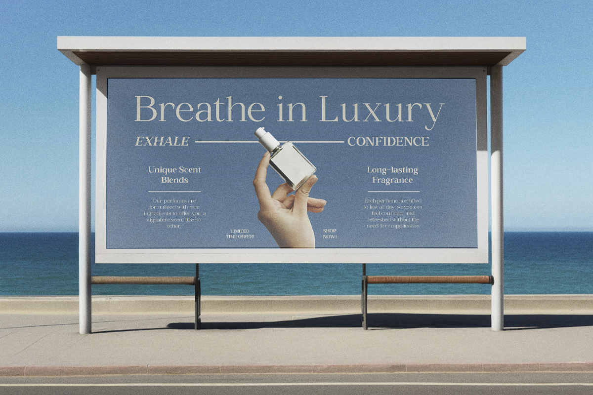 Luxury perfume billboard mockup on seaside bus shelter with ocean backdrop