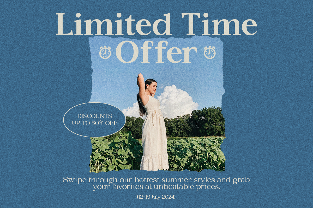 Retro collage promotional graphic with woman in cream dress, landscape cutout, teal background with sale messaging