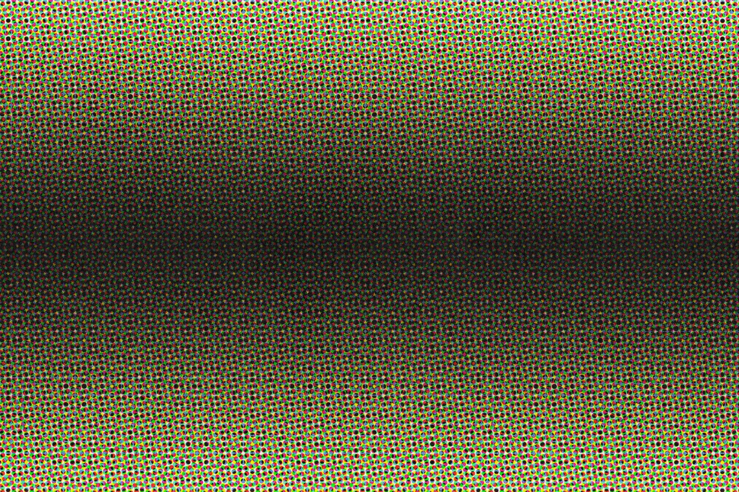 Colorful halftone dot pattern fading from bright yellow green to dark black, retro print vibe