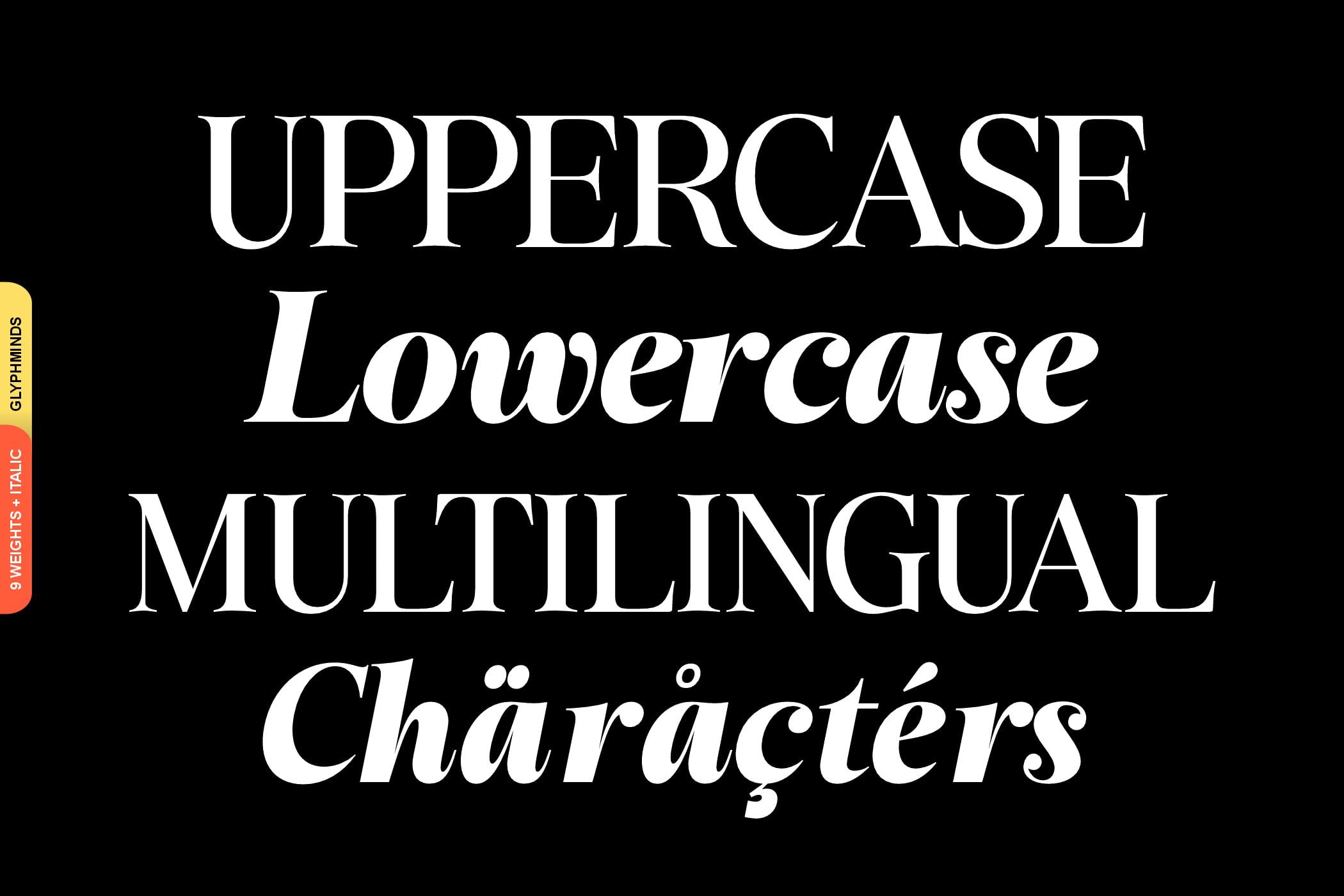 Serif font showing uppercase, lowercase, multilingual characters in white on black