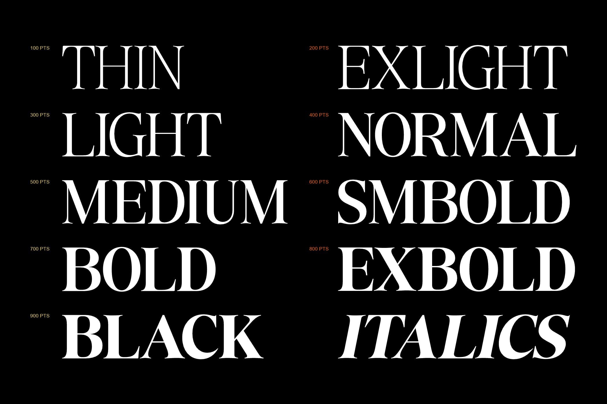 Serif font weights displayed on black background showing thin through exbold styles