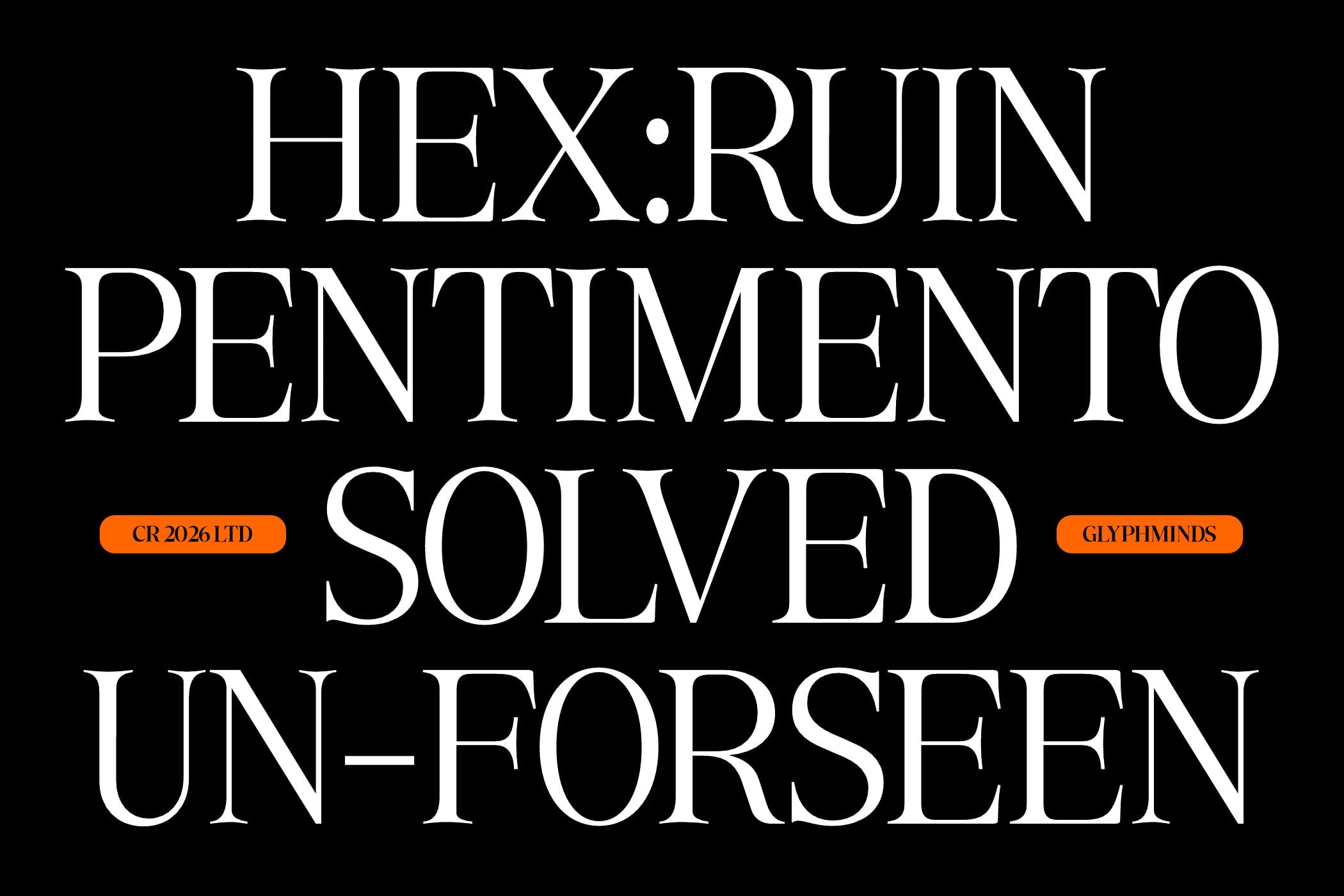 Hex Ruin serif font display with orange badge labels on black background