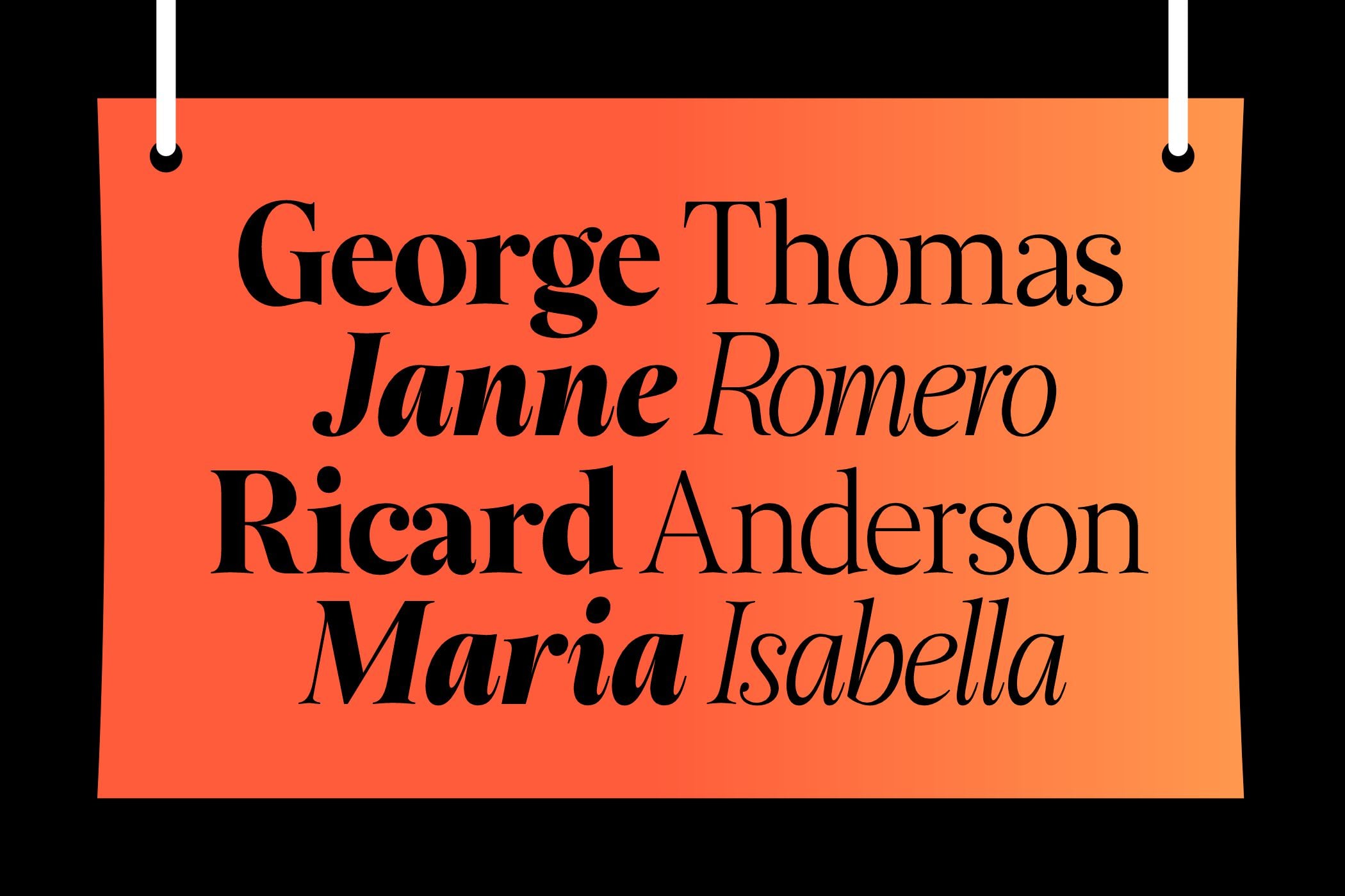 Hanging orange card mockup with black serif names in mixed typefaces