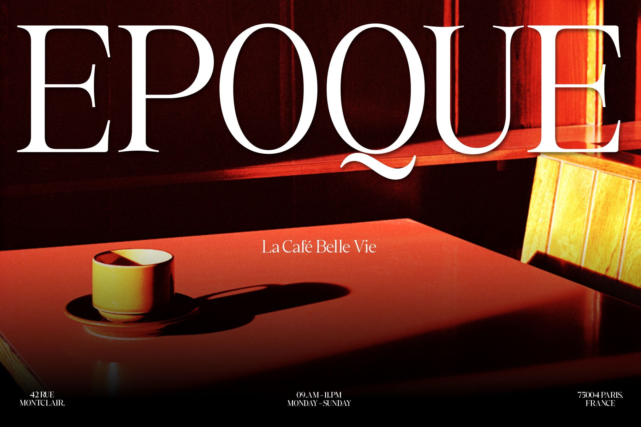 Moody café poster with bold white serif typography, red table, coffee cup, neon yellow panels, Parisian details