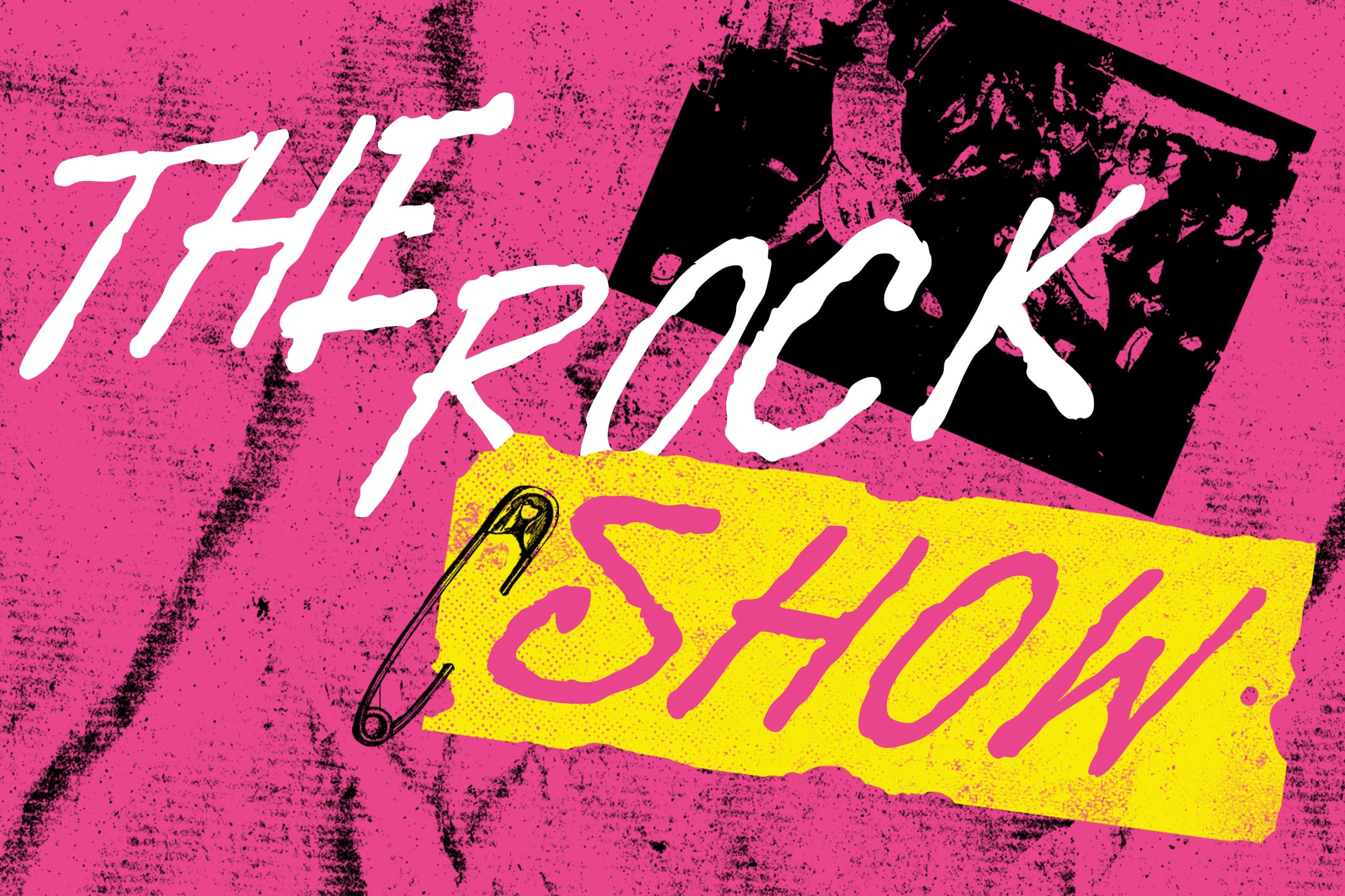 Grungy neon pink poster with white italic text reading "THE KICK SHOW" plus yellow price tag with safety pin on hot pink background