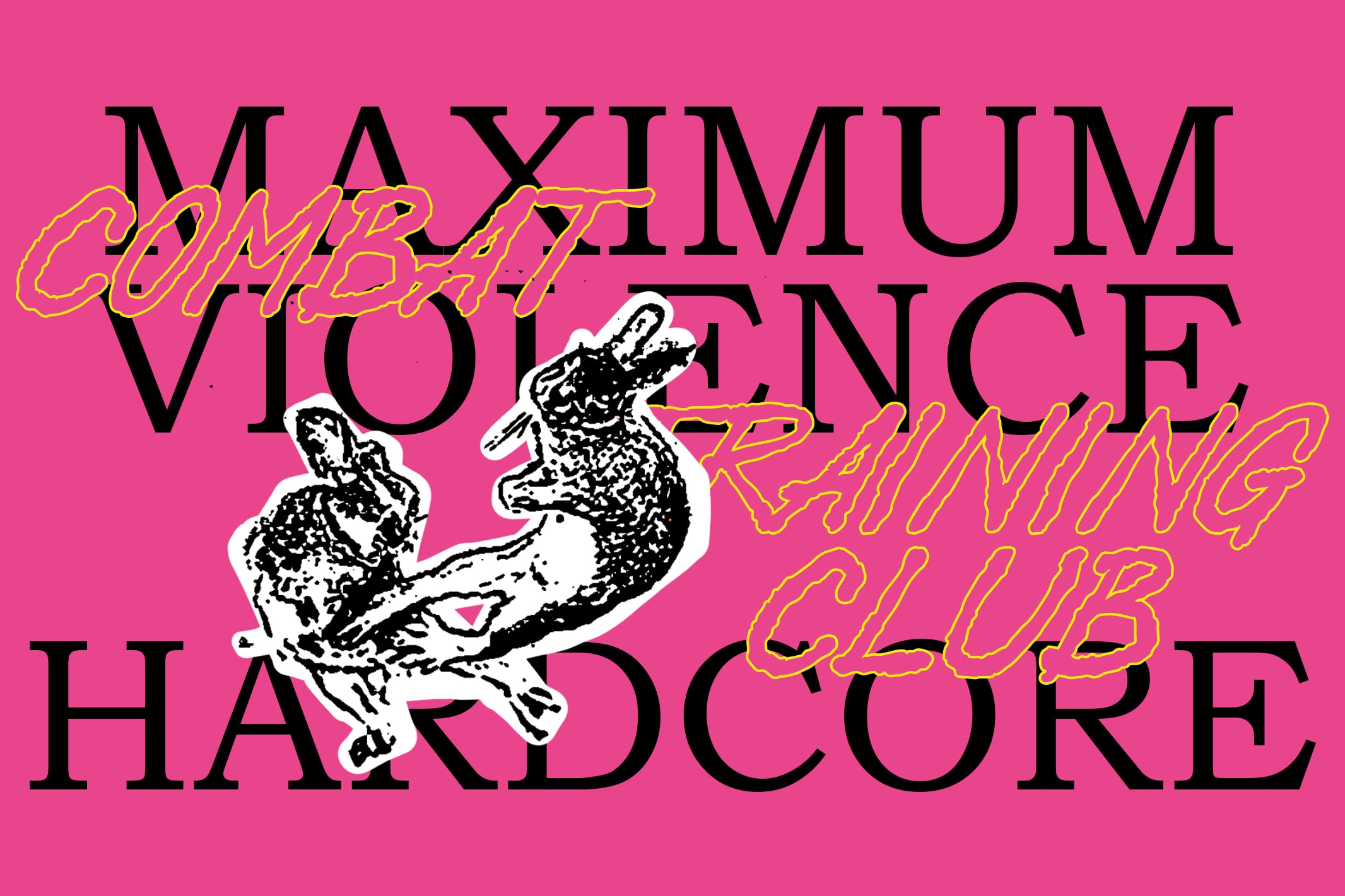 Neon pink poster with bold serif type, yellow script overlays, dancing dog illustration in black, hardcore club vibes