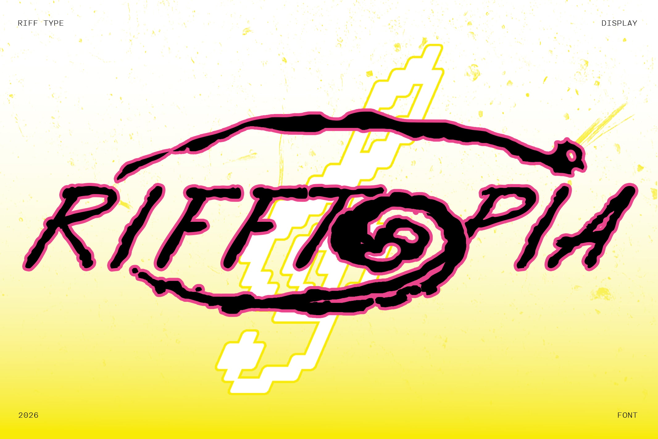 Neon pink outlined display font with jagged lightning bolt graphic elements on yellow background