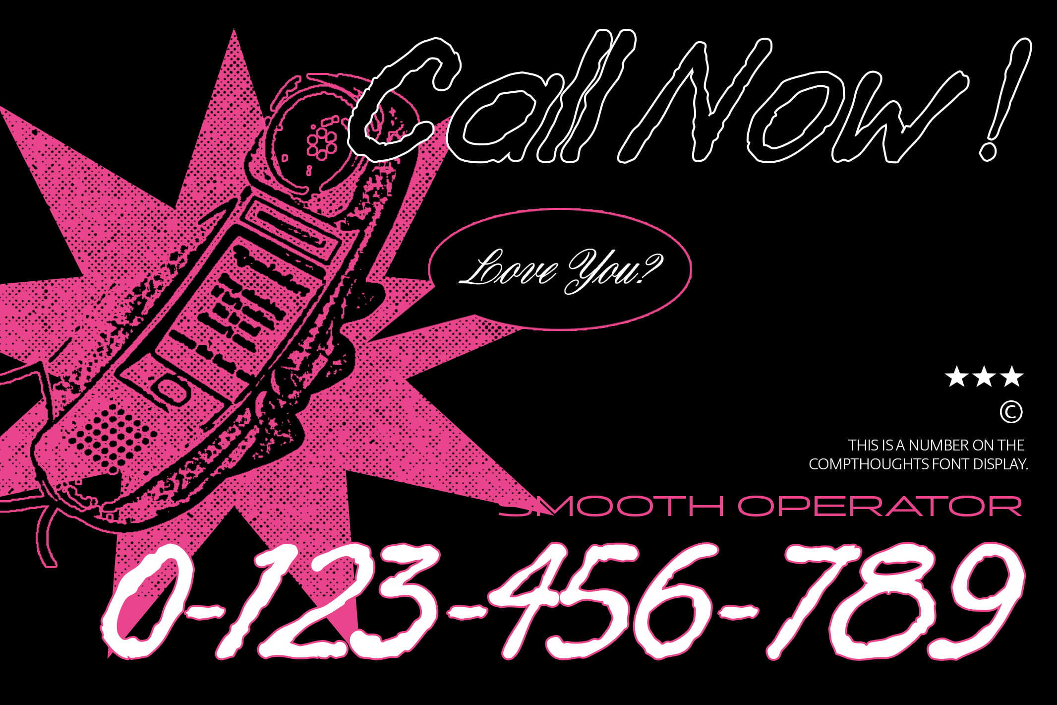 Retro neon poster with hot pink astronaut, glowing text, speech bubble saying Love You, phone number below