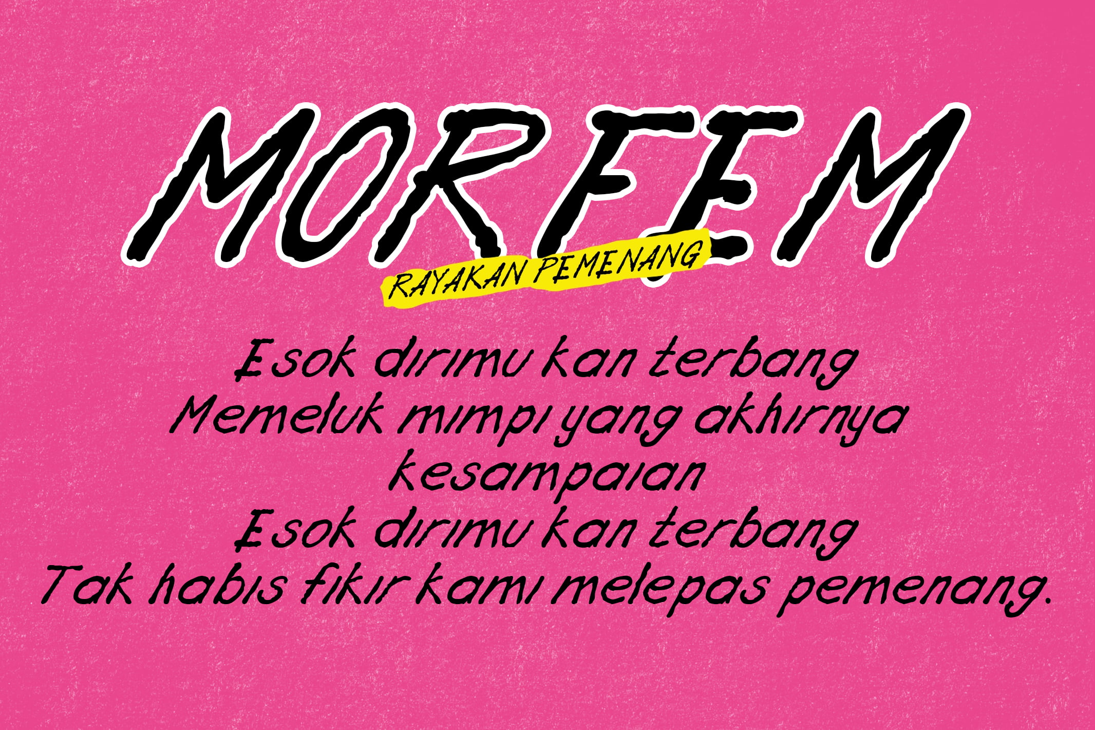 Bold Indonesian typography poster with "Morfem" in black italic letters on hot pink textured background