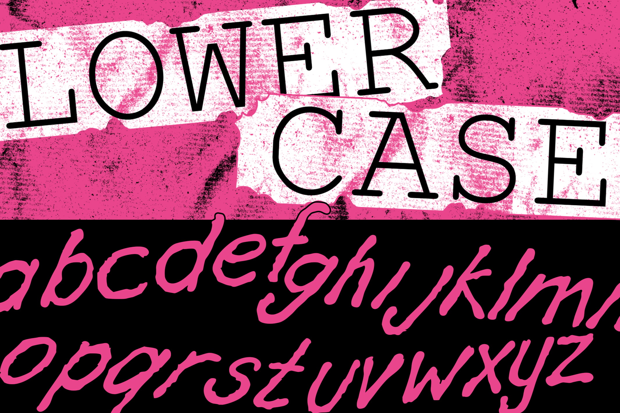 Distressed tower case font mockup with hot pink italic lowercase letters on black strip below
