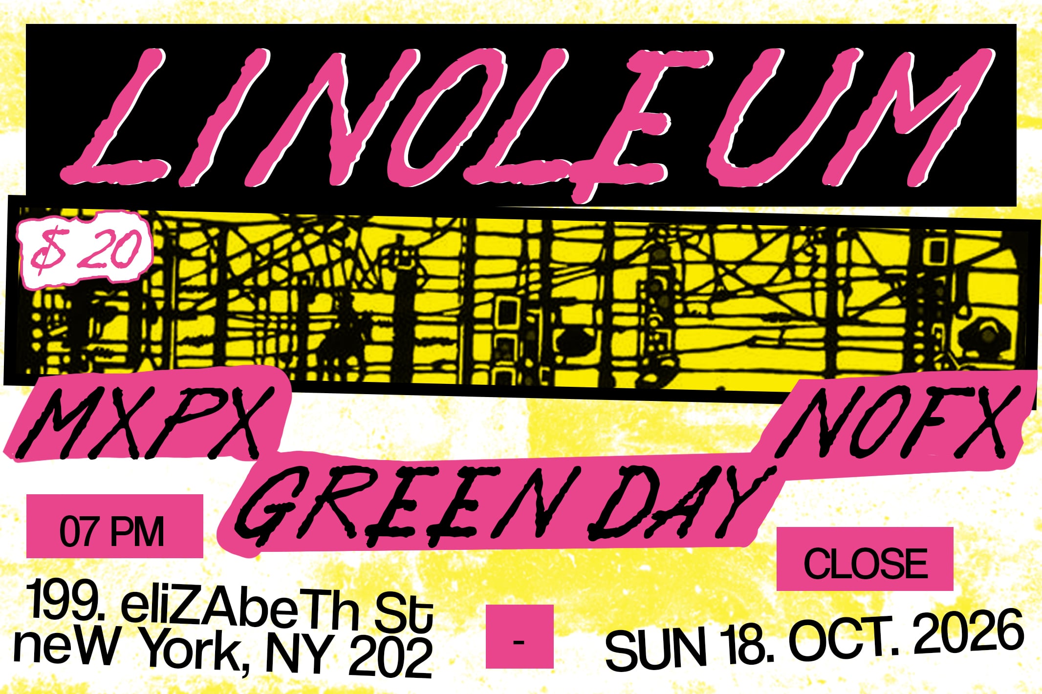 Retro concert poster mockup with hot pink text, yellow cityscape, band names, venue details on black background