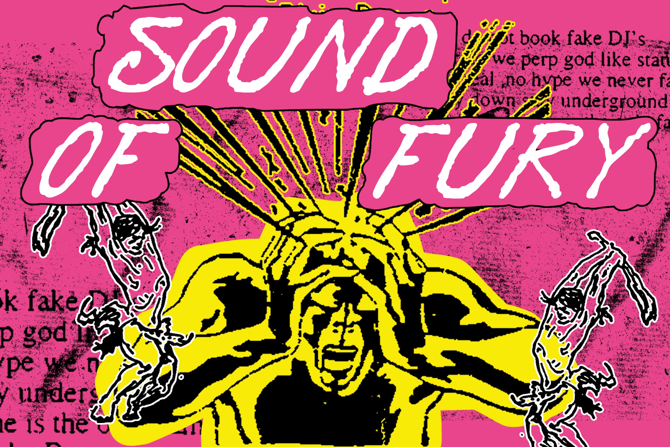 Sound of fury comic book style graphic with hot pink, yellow, black colors