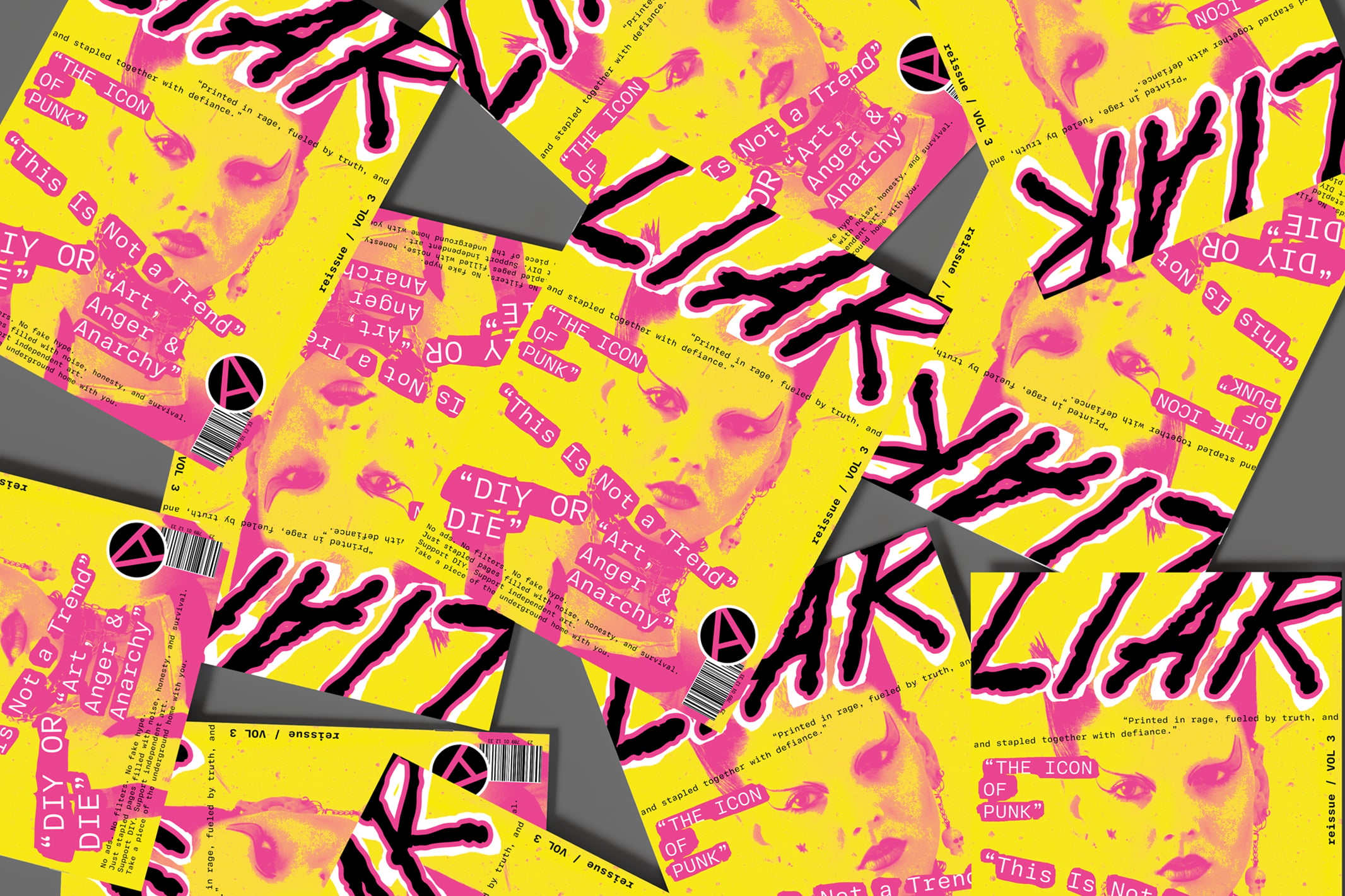 Vibrant yellow zine mockup with neon pink accents, bold black outlines, scattered layout on gray background