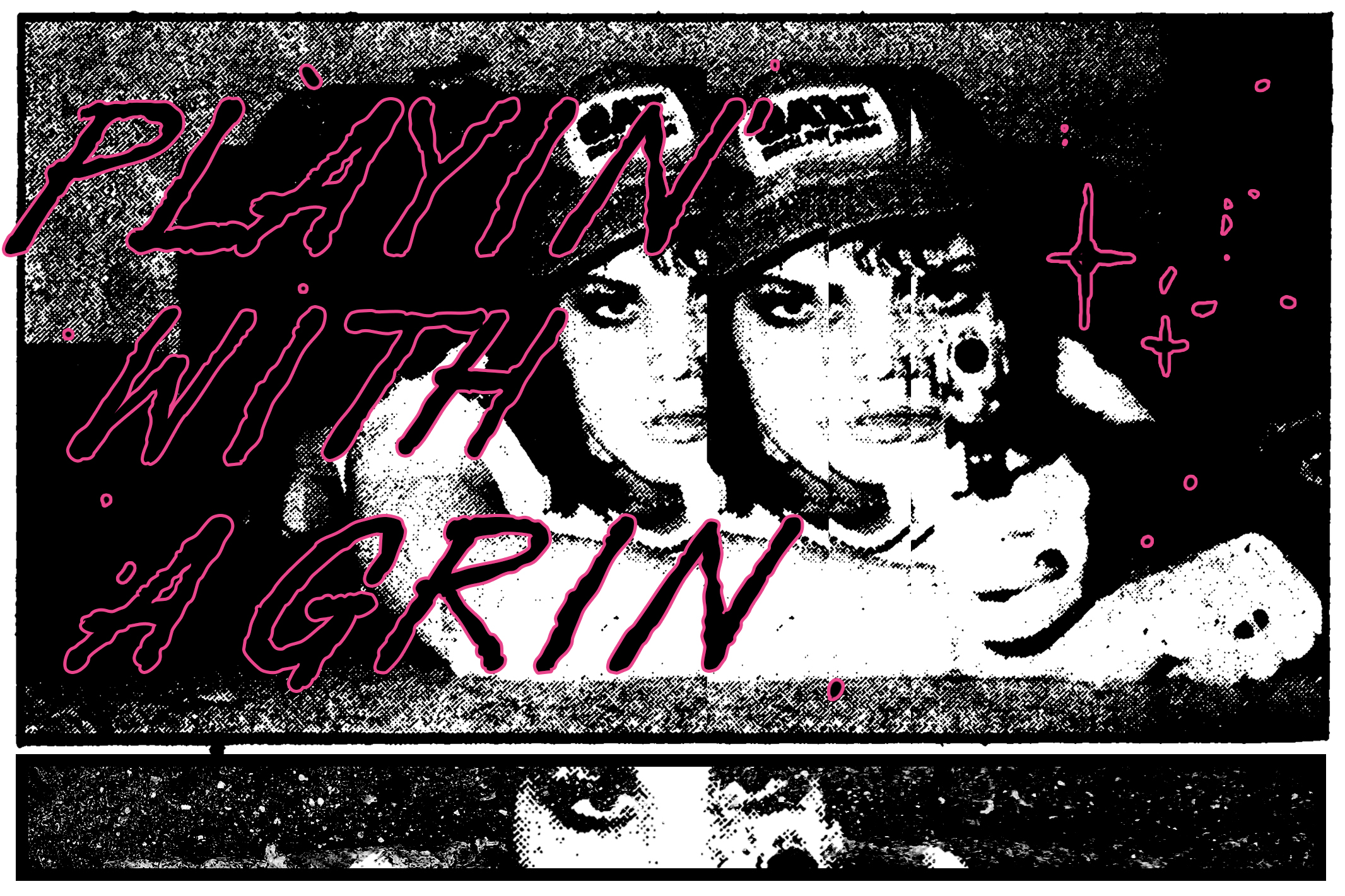 Retro glitch poster with neon pink text over black white halftone faces, 90s vibe