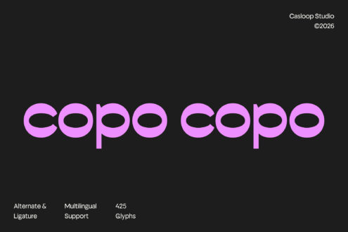 Copo Copo bold rounded typeface in hot pink on dark background with specs