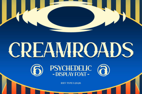 Creamroads psychedelic display font with trippy eye graphic, gold stripes on deep blue background