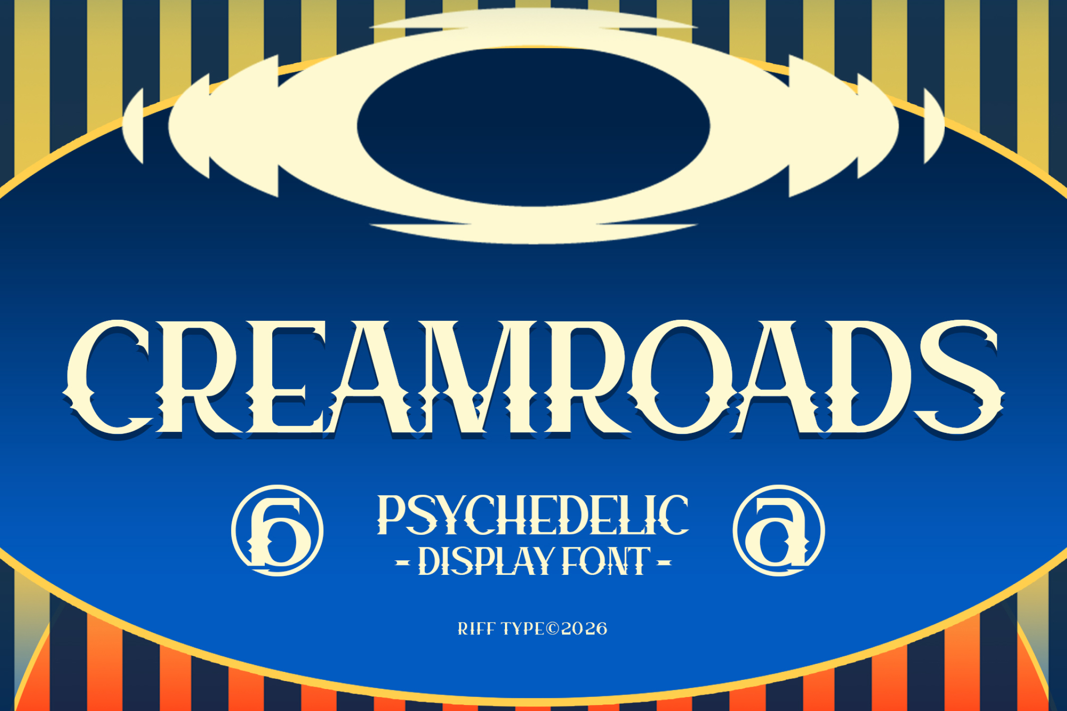 Creamroads psychedelic display font with trippy eye graphic, gold stripes on deep blue background