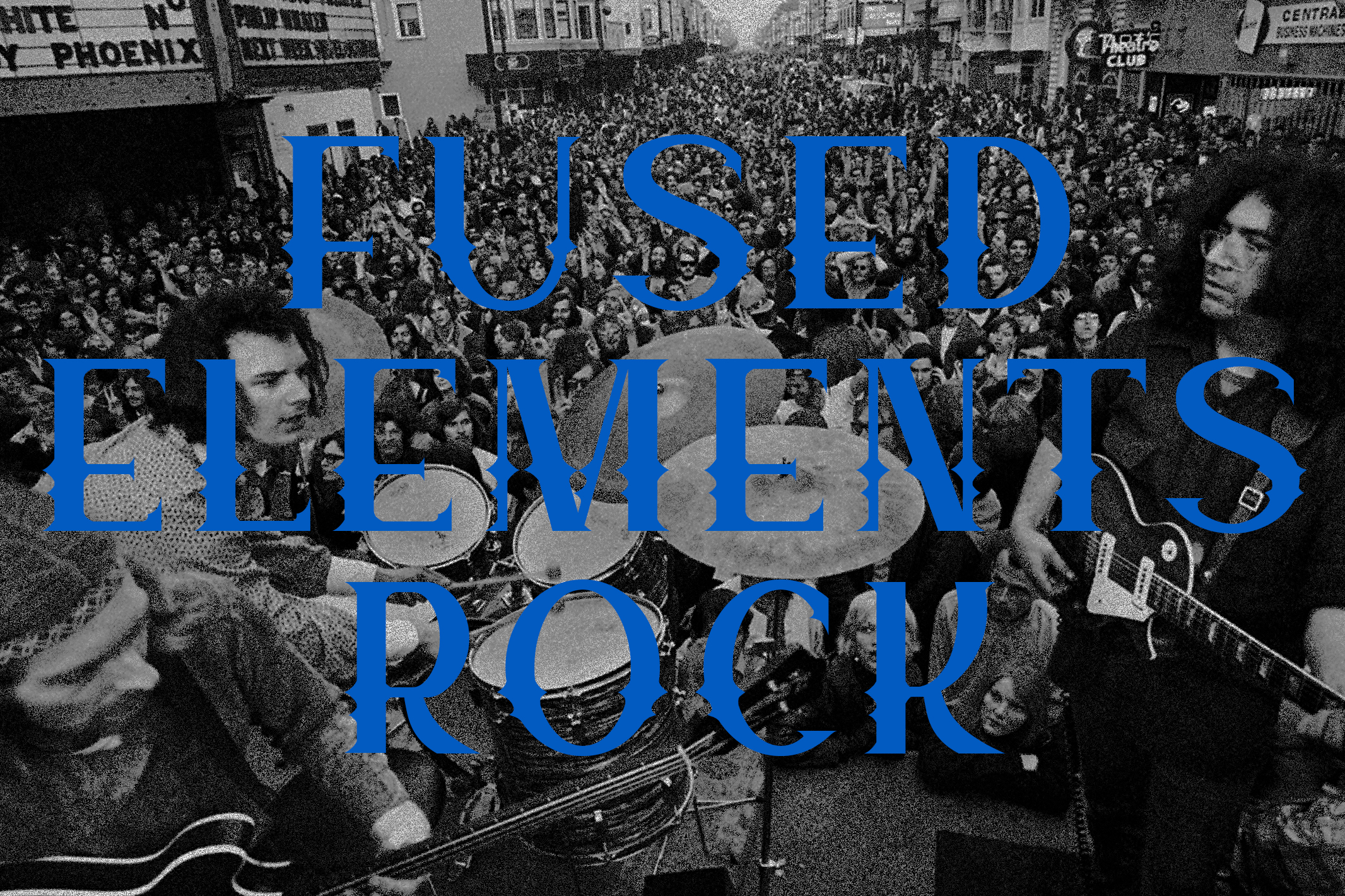 Vintage black-and-white photo of a massive crowd with blue serif typography overlaid reading "FUSED ELEMENTS ROCK"