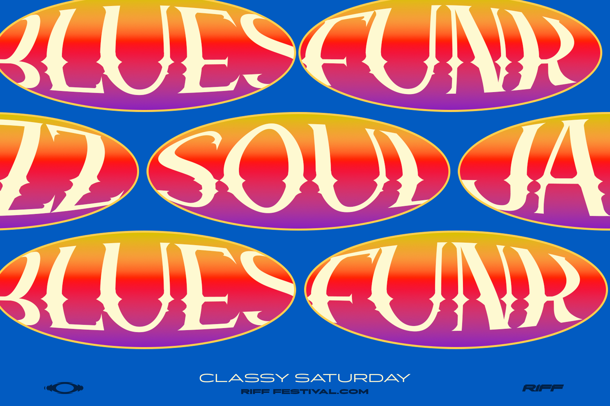 Retro poster with bold oval badges in cream, orange, purple gradients on bright blue background
