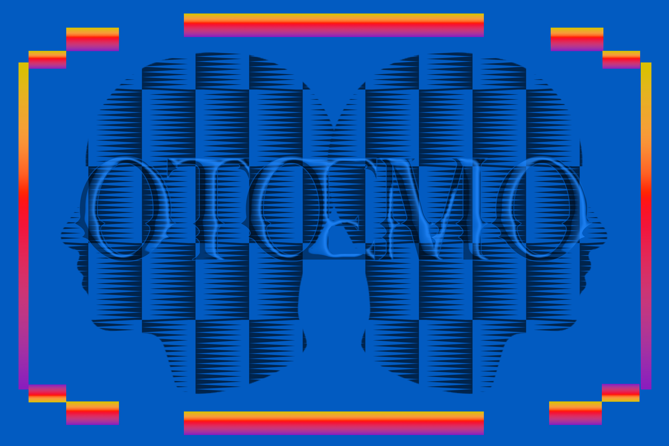 Retro glitch effect with two pixelated faces silhouettes on bright blue background