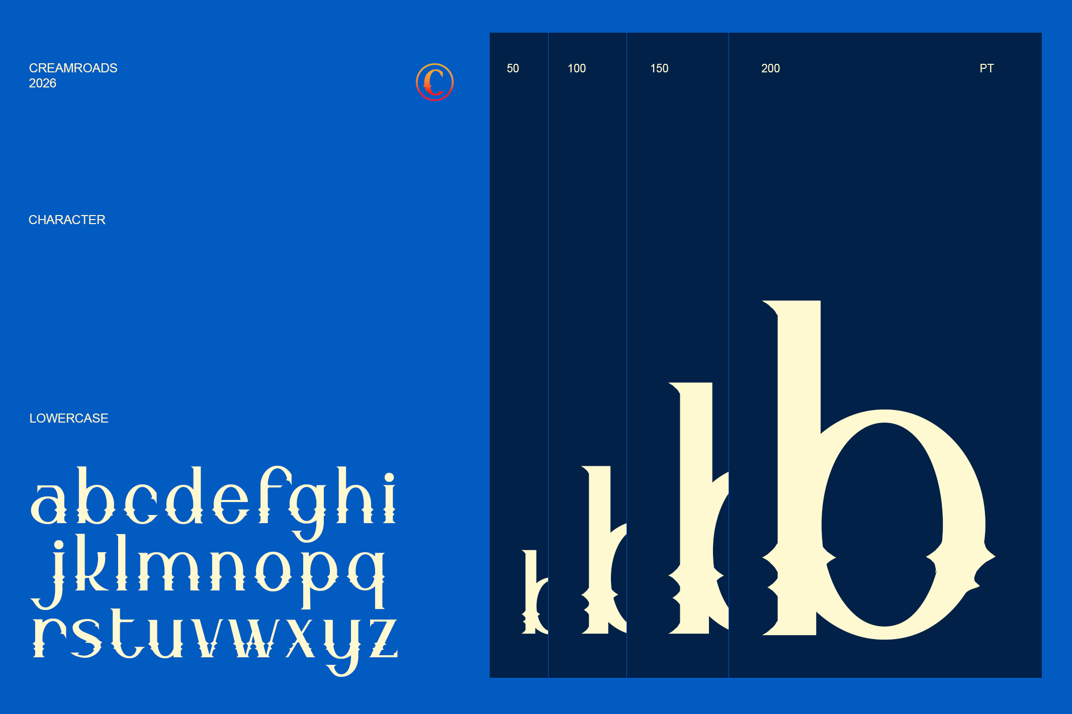 Creamroads 2026 serif font specimen showing lowercase letters with cream characters on dark grid