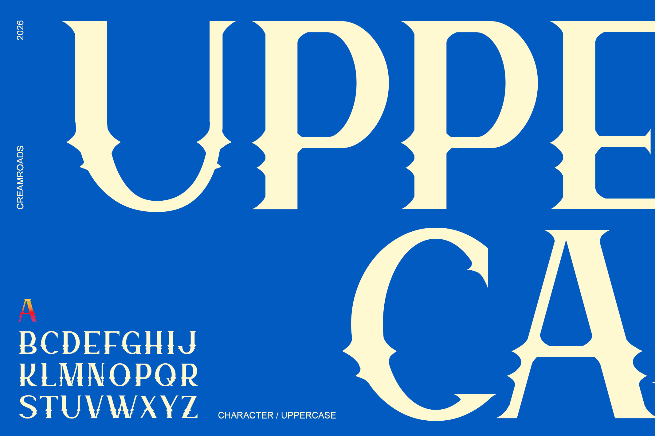 Creamroads serif font with decorative serifs, cream letters on bold blue background