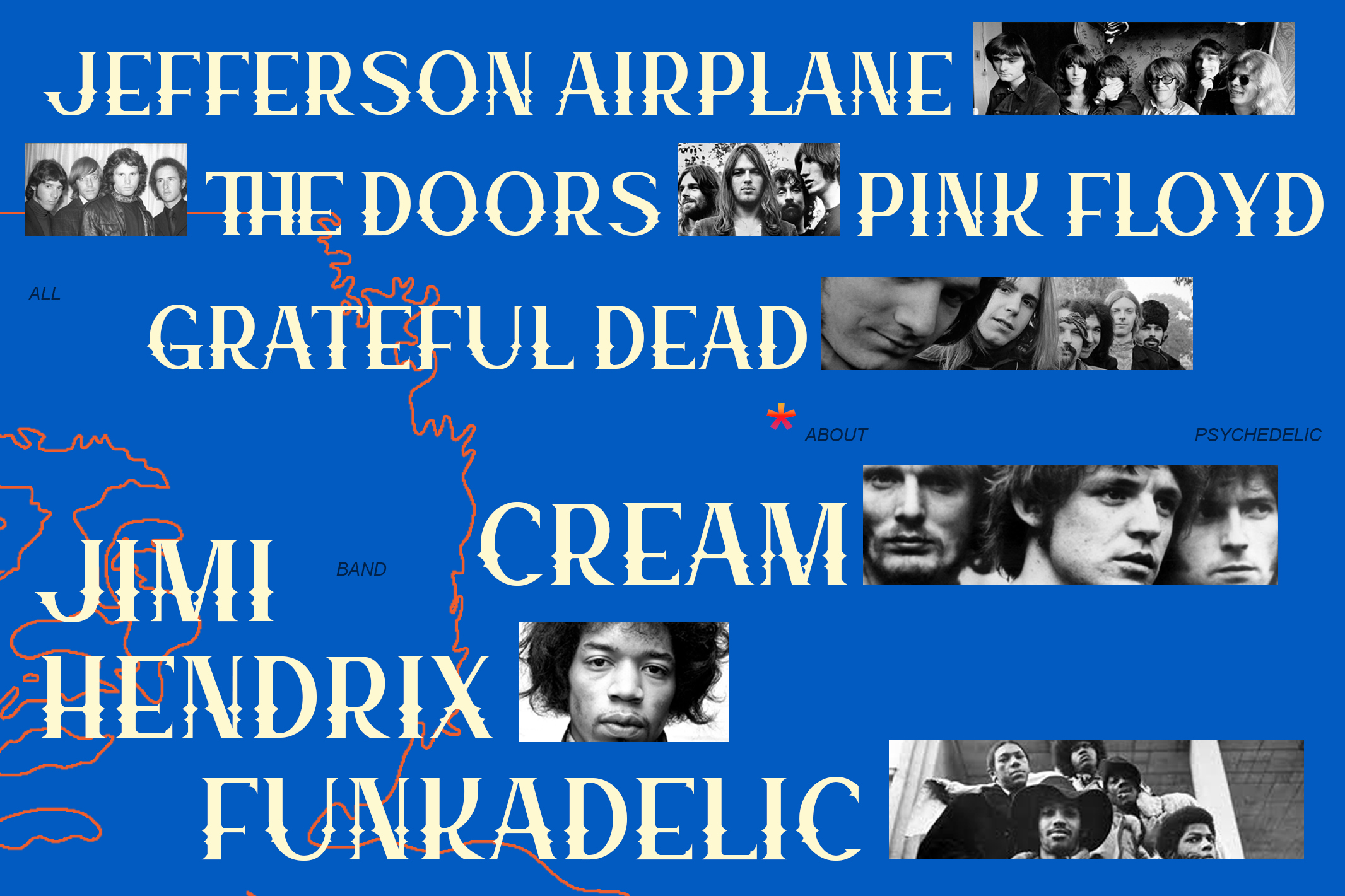 Retro music poster with classic rock bands scattered across bright blue background with red doodles