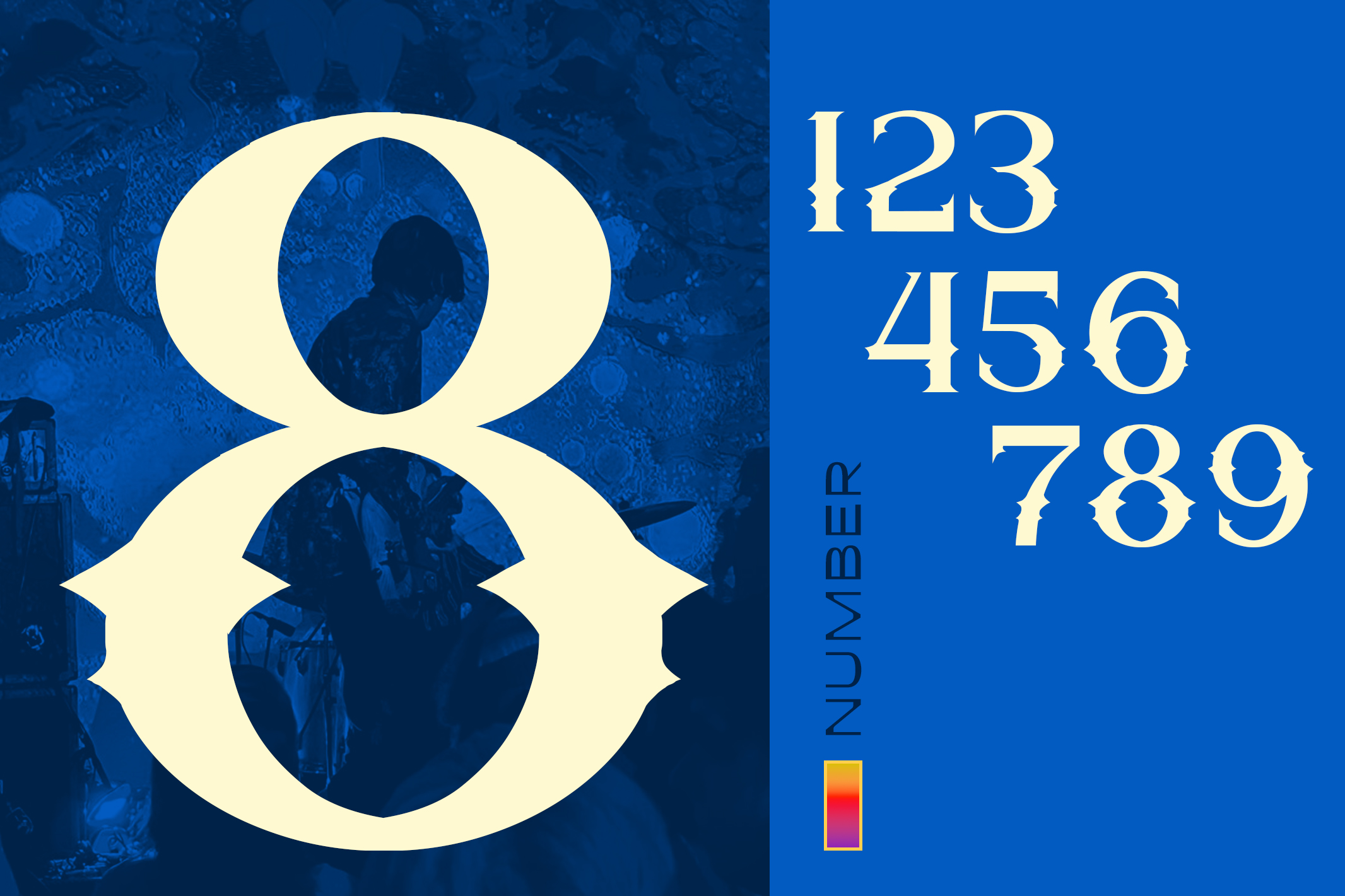 Cream number 8 with gradient numbers 123, 456, 789 on deep blue textured background